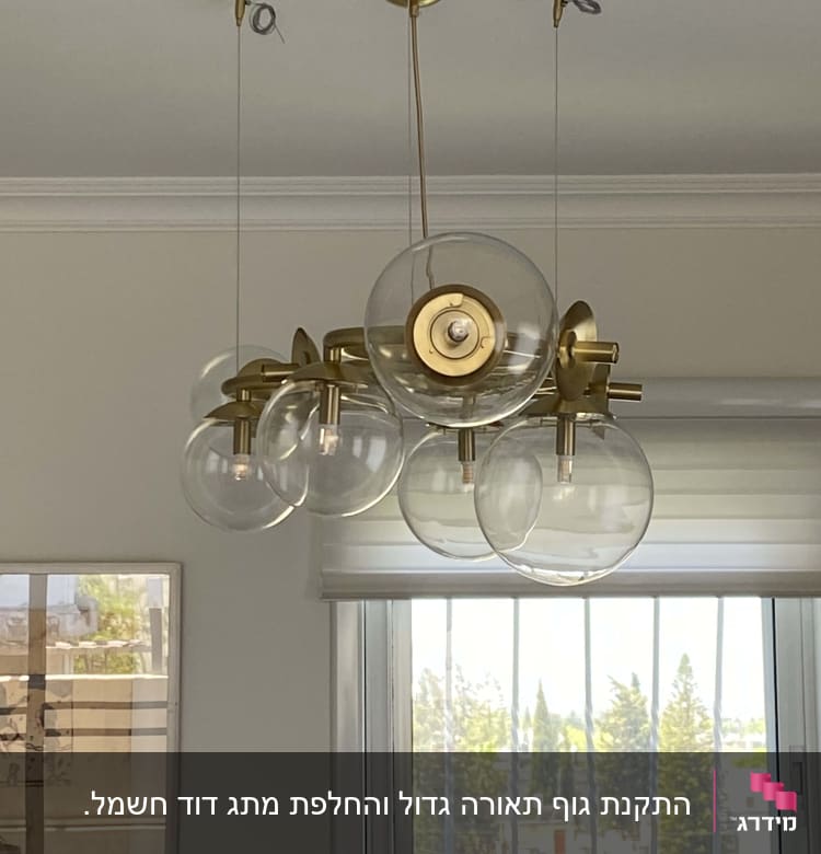 נברשת זכוכית עם נורות חשמליות בתקרה